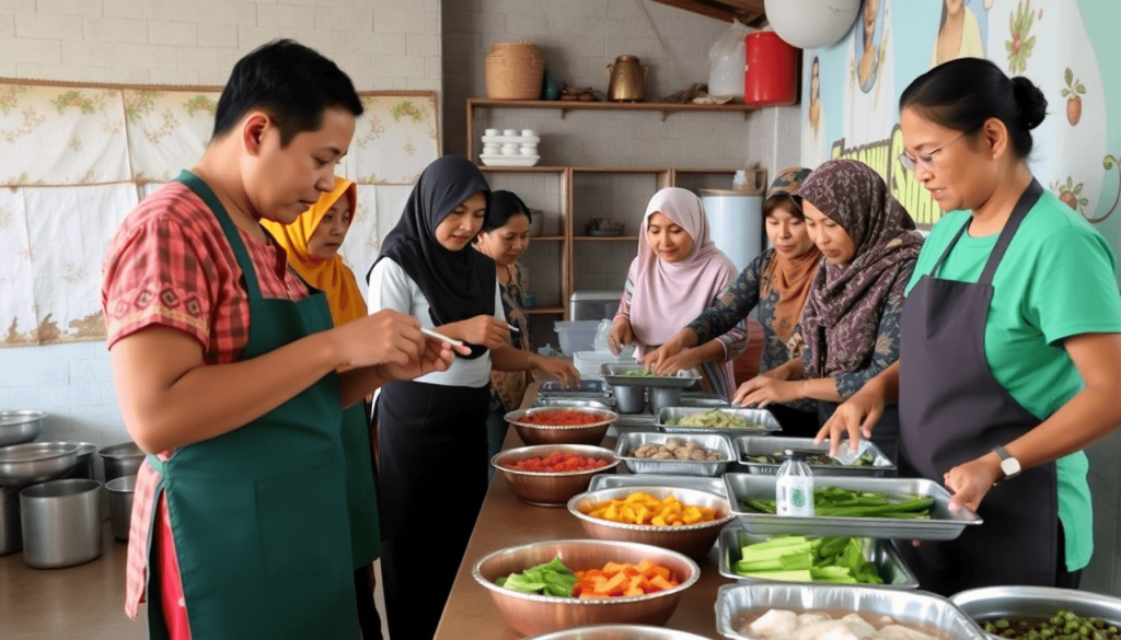 Dapur komunitas di Sulawesi Tengah menyiapkan dan mendistribusikan makanan bergizi kepada anak-anak, menunjukkan kolaborasi dan inisiatif makanan sehat.