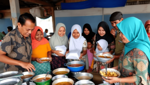 Dapur komunitas di Sulawesi Tengah dengan orang-orang yang menyiapkan dan membagikan makanan bergizi untuk anak-anak dan ibu-ibu, menunjukkan kolaborasi untuk mempromosikan kesehatan.