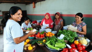 Dapur komunitas di desa pedesaan yang menyiapkan dan membagikan makanan bergizi, dikelilingi oleh buah-buahan dan sayuran segar, melambangkan kesehatan dan nutrisi.