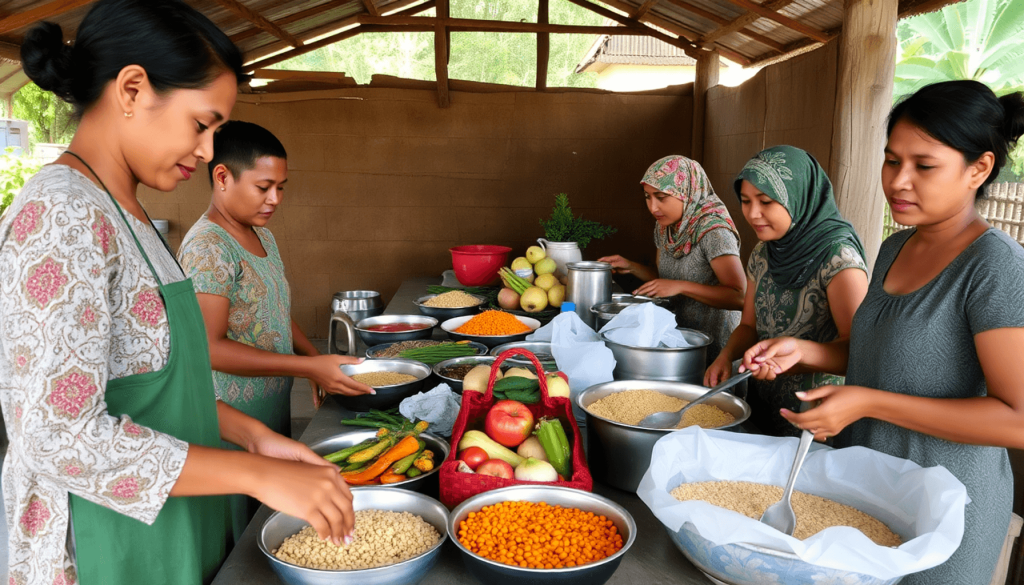 Dapur komunitas di desa pedesaan yang menyiapkan makanan bergizi dengan sayuran segar dan biji-bijian, menunjukkan upaya kolaborasi dan pola makan sehat.