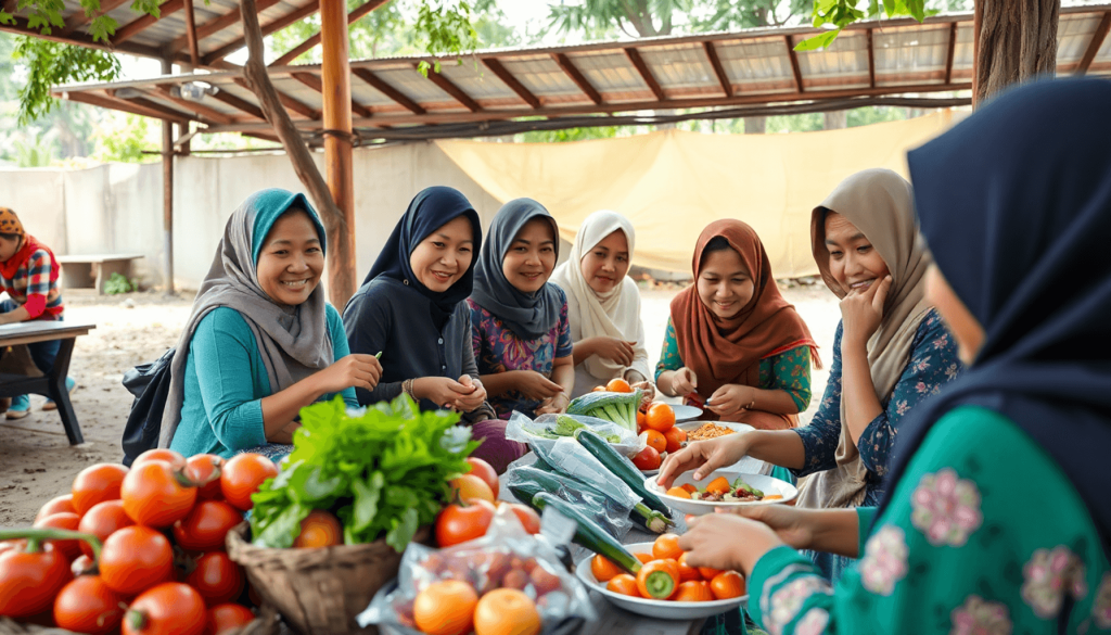Program makan komunitas luar ruangan dengan orang-orang yang berbagi buah-buahan dan sayuran segar, melambangkan kesehatan dan pemberdayaan.