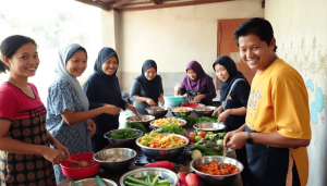 Orang-orang memasak dan berbagi makanan bersama di dapur pedesaan yang cerah dengan sayuran segar dan peralatan masak.