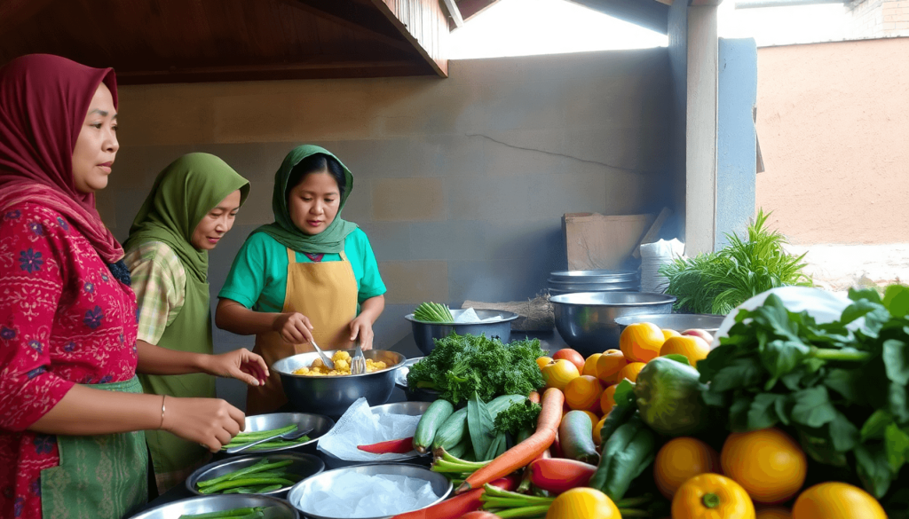 Dapur komunitas di Sulawesi Tengah dengan sayuran dan buah-buahan segar, menyiapkan makanan bergizi untuk program kesehatan anak di Indonesia.