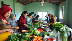 Sebuah dapur komunitas yang cerah dengan orang-orang yang memasak dan berbagi sayuran segar serta makanan sehat dalam suasana yang hidup dan ramah.