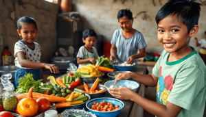 Sekumpulan buah dan sayuran berwarna-warni yang sedang dipotong di dapur komunitas, menyoroti kerja sama dan perhatian dalam mempromosikan makanan sehat untuk anak-anak.