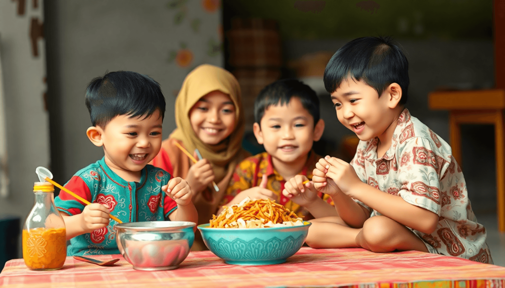 dampak ekonomi dari program makan bergizi gratis di Indonesia, menampilkan grafik pertumbuhan yang dinamis, anak-anak tersenyum menikmati makanan sehat, serta elemen budaya lokal seperti batik dan alat musik tradisional, dengan palet warna cerah dan gaya visual yang menarik serta menyenangkan, digital art style..