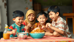 dampak ekonomi dari program makan bergizi gratis di Indonesia, menampilkan grafik pertumbuhan yang dinamis, anak-anak tersenyum menikmati makanan sehat, serta elemen budaya lokal seperti batik dan alat musik tradisional, dengan palet warna cerah dan gaya visual yang menarik serta menyenangkan, digital art style..