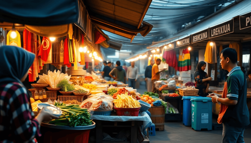 Program Makan Bergizi Gratis: Visualisasi tantangan ekonomi dan solusi berkelanjutan untuk mengatasi sampah makanan di Indonesia, menampilkan pemandangan pasar lokal yang ramai dengan berbagai jenis makanan bergizi, serta elemen yang menggambarkan inisiatif pengurangan limbah makanan, gaya realistis, dengan fokus pada detail warna dan tekstur makanan, aktivitas pedagang dan pembeli, serta suasana yang hidup dan dinamis.