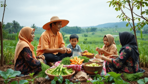 Gambaran realistis tentang dampak positif inisiatif asupan gizi gratis terhadap perekonomian Indonesia, menampilkan petani yang memanen sayuran segar di ladang, anak-anak yang ceria menikmati makanan sehat bersama, serta komunitas yang bersatu dalam kebahagiaan, dengan latar belakang pemandangan alam yang indah dan simbol-simbol kemajuan ekonomi yang menggambarkan kemakmuran.