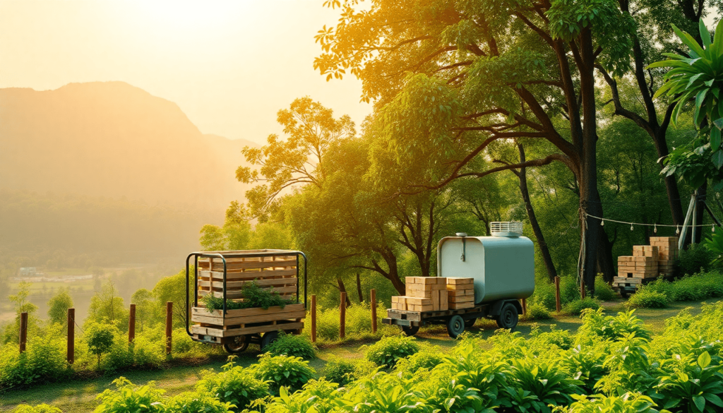 "Gambar realistis dari jaringan teknologi IoT yang menghubungkan truk distribusi makanan bergizi dengan daerah terpencil, menampilkan perangkat pintar dan sensor yang memantau kondisi makanan, di latar belakang pemandangan alam yang indah dan terpencil."