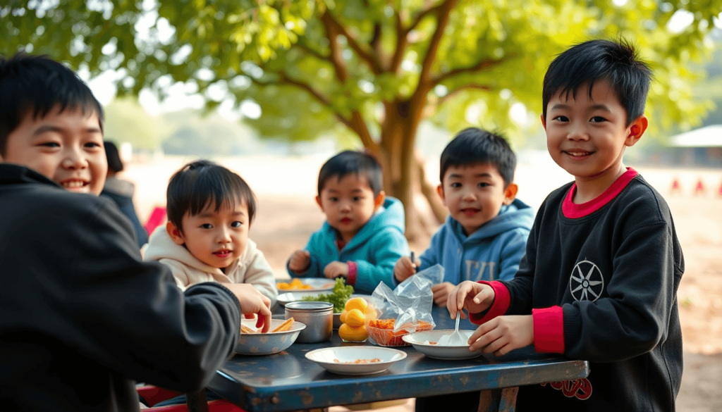 "Transformasi tinggi badan anak muda di Du’an County, Guangxi, berkat program makan gratis pemerintah China, menggambarkan kelompok anak-anak yang ceria menikmati makanan sehat di bawah sinar matahari, suasana penuh kebahagiaan dan harapan.