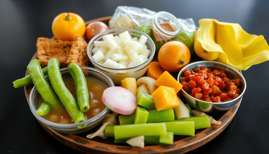 Makanan sekolah sehat di atas nampan di kafetaria, terdiri dari buah-buahan segar berwarna cerah, sayuran hijau renyah, dan biji-bijian utuh, suasana hangat dan mendukung komunitas, gaya realistis.