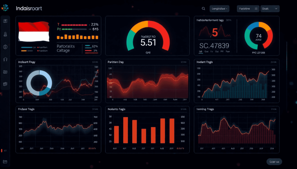 Visualisasi dashboard nasional real-time yang menampilkan data gizi Indonesia dengan grafik dinamis, peta interaktif, dan indikator krisis gizi, gaya digital art futuristik dengan nuansa teknologi tinggi dan warna cerah yang informatif..