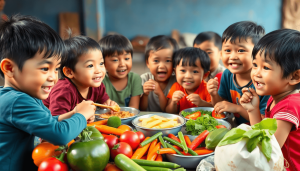 Sebuah render 3D yang cerah tentang anak-anak yang berbagi makanan sehat, dikelilingi oleh buah-buahan dan sayuran berwarna-warni, menyoroti komunitas dan nutrisi dalam suasana yang hidup.