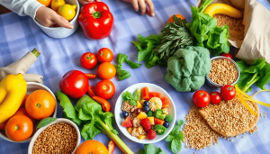 A colorful spread of healthy foods on a table, including fruits, vegetables, and grains, with a small plate showcasing a balanced meal and a subtle money symbol.