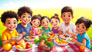 Sekelompok anak-anak yang beragam menikmati makanan sehat di atas selimut piknik di luar ruangan, dikelilingi oleh buah-buahan dan sayuran berwarna-warni, semuanya tersenyum dan berbagi momen bahagia.