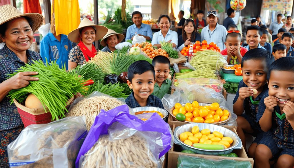 Pasar yang ramai dengan beras segar, sayuran, buah-buahan, petani yang tersenyum, dan anak-anak yang menikmati makanan, menyoroti pertanian lokal dan program gizi anak.