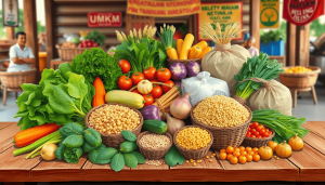 Sayuran segar yang berwarna-warni, biji-bijian, dan protein di atas meja rustic dengan keranjang pasar dan tanda-tanda bisnis kecil, melambangkan komunitas dan pasokan makanan lokal.