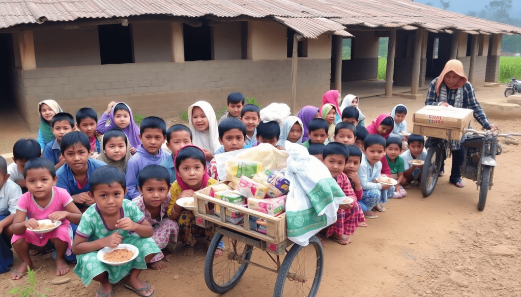 Anak-anak menikmati makanan di sekolah pedesaan dengan anggota koperasi yang mengantarkan makanan segar di medan yang kasar, dalam suasana alami yang cerah.