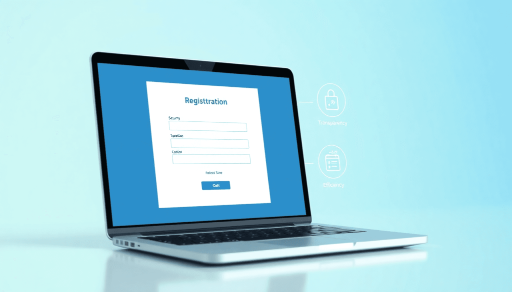Laptop menampilkan formulir pendaftaran online yang ramping dengan ikon untuk keamanan, transparansi, dan efisiensi dalam antarmuka digital yang bersih dan profesional.