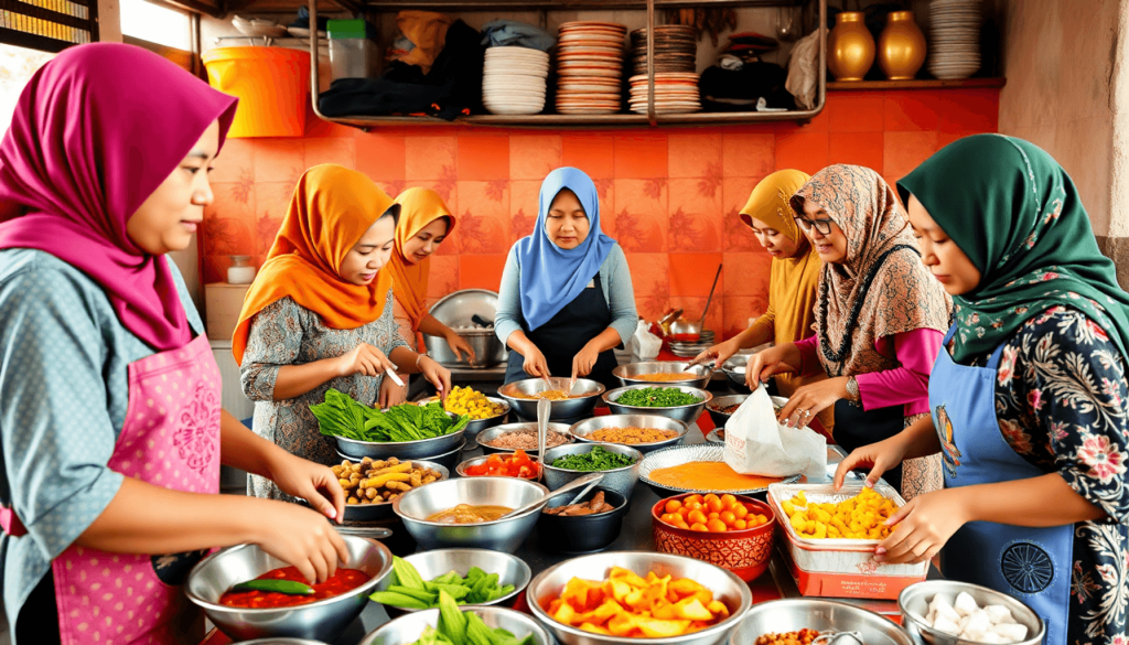 Dapur komunitas dengan katering skala kecil yang menyiapkan makanan sehat menggunakan bahan-bahan lokal segar, melambangkan kolaborasi dan pemberdayaan dalam suasana yang dinamis.