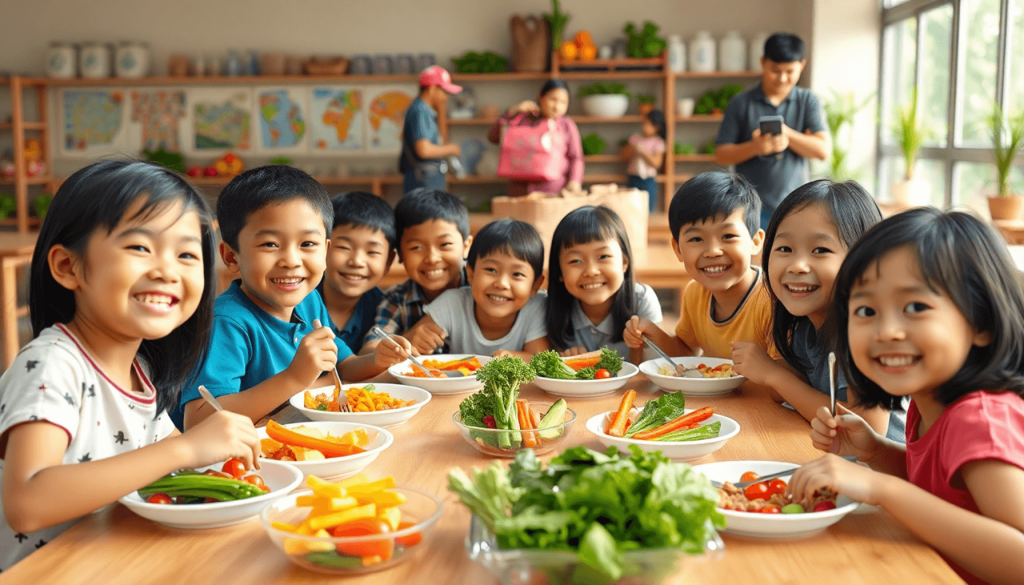 Anak-anak menikmati makanan berwarna-warni di kantin sekolah yang ramai, dengan petani yang mengantarkan hasil pertanian segar di latar belakang.