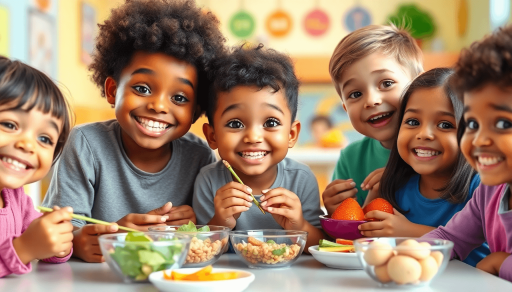 Sekelompok anak-anak yang tersenyum menikmati makanan sehat bersama-sama di lingkungan yang cerah dan berwarna-warni, menekankan pentingnya nutrisi dan dukungan komunitas. Gaya render 3D.