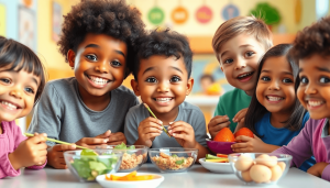 Sekelompok anak-anak yang tersenyum menikmati makanan sehat bersama-sama di lingkungan yang cerah dan berwarna-warni, menekankan pentingnya nutrisi dan dukungan komunitas. Gaya render 3D.