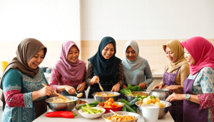 Sekelompok ibu-ibu sedang menyiapkan makanan bergizi di dapur sekolah, tersenyum dan bekerja sama di antara bahan makanan segar dan alat masak. Suasana hangat dan ramah.