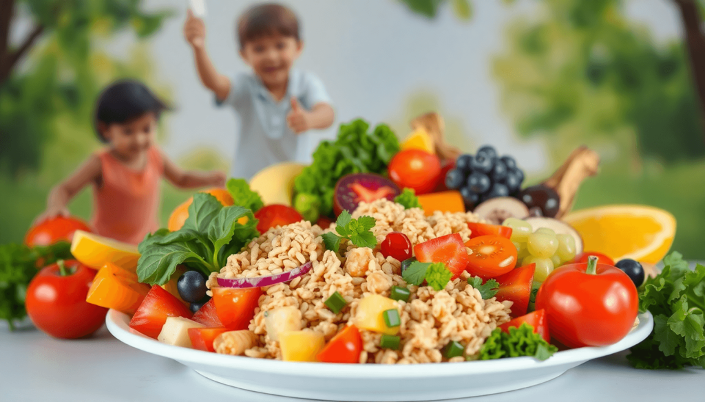 Piring makanan yang cerah dipenuhi dengan buah-buahan, sayuran, biji-bijian utuh, dan protein tanpa lemak yang berwarna-warni, dengan anak-anak yang bermain di latar belakang, melambangkan kesehatan dan vitalitas.