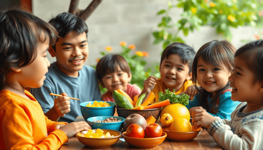 Anak-anak dari berbagai latar belakang menikmati makanan sehat bersama di lingkungan ceria, dikelilingi oleh piring berisi sayuran segar dan buah-buahan.