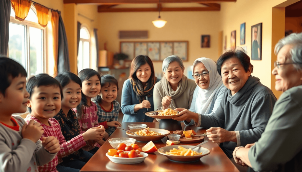 Sekelompok anak-anak dan orang-orang lanjut usia berbagi makanan di sebuah pusat komunitas yang cerah dan ramah, melambangkan dukungan dan pemenuhan.