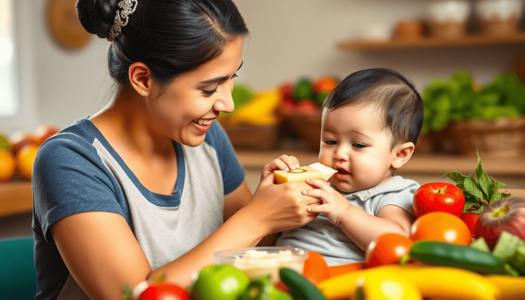 Seorang ibu dengan penuh kasih sayang memberi makan bayinya dengan makanan bergizi, dikelilingi oleh buah-buahan dan sayuran segar, menonjolkan nutrisi bayi yang berkualitas dan pertumbuhan yang sehat.