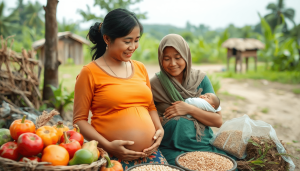 Seorang wanita hamil dan seorang ibu menyusui di lingkungan pedesaan dikelilingi oleh buah-buahan segar, sayuran, dan biji-bijian, melambangkan nutrisi dan perawatan maternal.