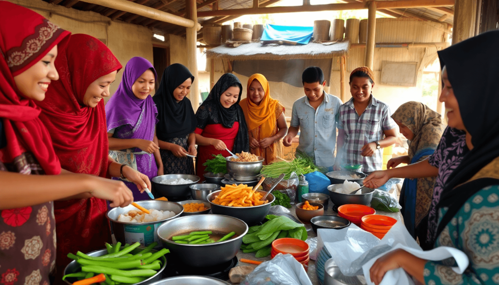 Dapur komunitas di sebuah desa di Indonesia dengan orang-orang yang menyiapkan makanan, sayuran segar, dan peralatan tradisional dalam suasana hangat dan kolaboratif.