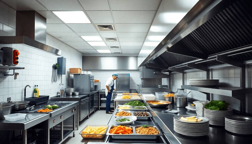 Sebuah dapur komersial yang bersih dan modern dengan peralatan stainless steel dan pencahayaan yang cerah, menekankan pada kebersihan dan keamanan makanan, tanpa orang yang terlihat.