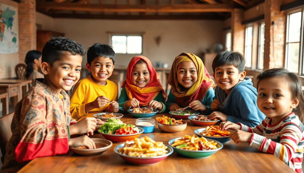 An inspiring realistis showing diverse children from four different countries happily sharing nutritious meals together around a large table, vibrant colors, multicultural setting, warm and hopeful atmosphere, educational theme, realistis.