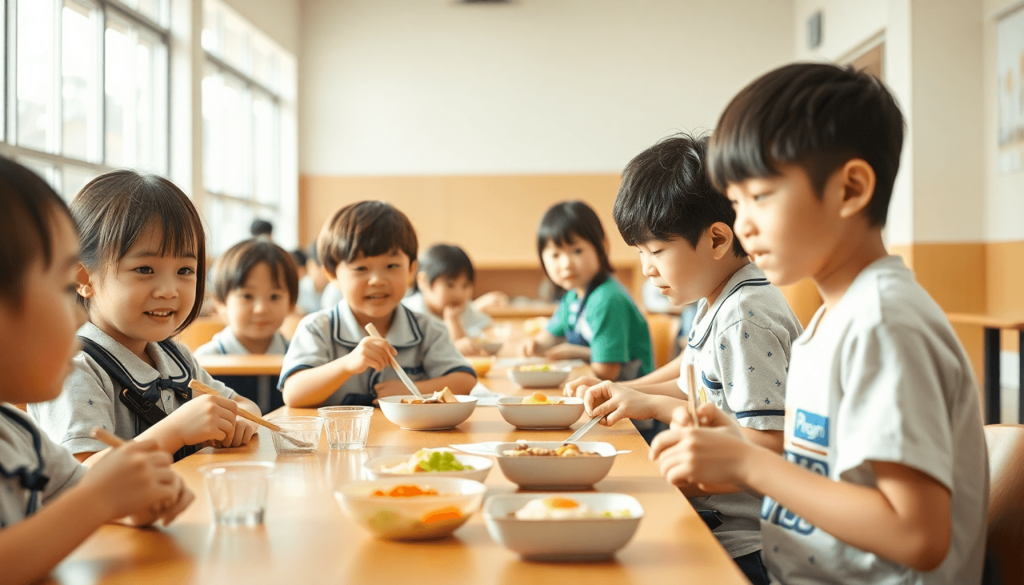 Photorealistic photography of Japanese schoolchildren enjoying Kyūshoku, the traditional Japanese school lunch program, in a bright, clean school cafeteria, emphasizing the integration of education, nutrition, and community, natural lighting, candid moments, warm and inviting atmosphere, high detail, documentary style..