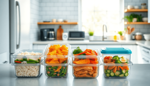 Dapur cerah dengan wadah persiapan makanan yang teratur rapi, diisi dengan makanan sehat berwarna-warni yang menunjukkan kesegaran dan kenyamanan dalam suasana modern.