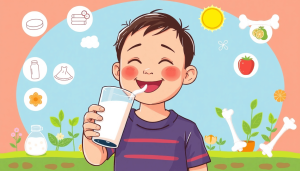 Anak bahagia yang sedang minum susu dikelilingi oleh ikon-ikon nutrisi, tanaman sehat, dan tulang yang melambangkan pertumbuhan dan kekuatan dalam ilustrasi yang cerah dan berwarna-warni.