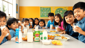 Anak-anak menikmati makanan bergizi dan susu di kafetaria sekolah yang cerah, dengan produk susu segar di meja, melambangkan pertumbuhan sehat dan dukungan komunitas.