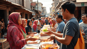 A realistic scene depicting a vibrant community food program in action, with diverse people distributing and receiving free meals at a local market, lively interactions fostering job opportunities and local economic growth, warm natural lighting, detailed urban background showing small businesses and bustling streets. Indonesia