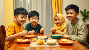 Anak-anak ceria sedang menikmati makanan bergizi bersama di meja penuh warna, suasana hangat dan penuh kebahagiaan, latar belakang dengan simbol Program MBG dan Ralali Food yang terintegrasi secara visual tanpa teks, gaya realistik penuh kehidupan..