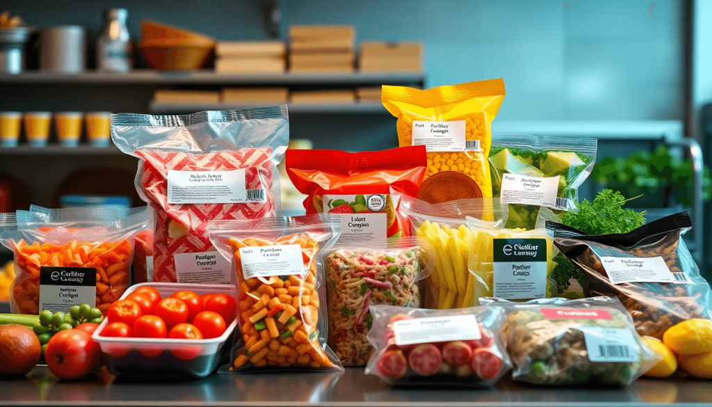 Sebuah rangkaian makanan siap saji yang berwarna-warni dengan label yang jelas, ditampilkan dalam pengaturan dapur modern.