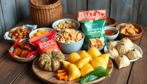 Makanan ringan dan hidangan tradisional Indonesia yang berwarna-warni disajikan di atas meja kayu rustic, menonjolkan bakpia pathok, bika ambon, dan lumpia semarang dengan aksen kemasan modern.