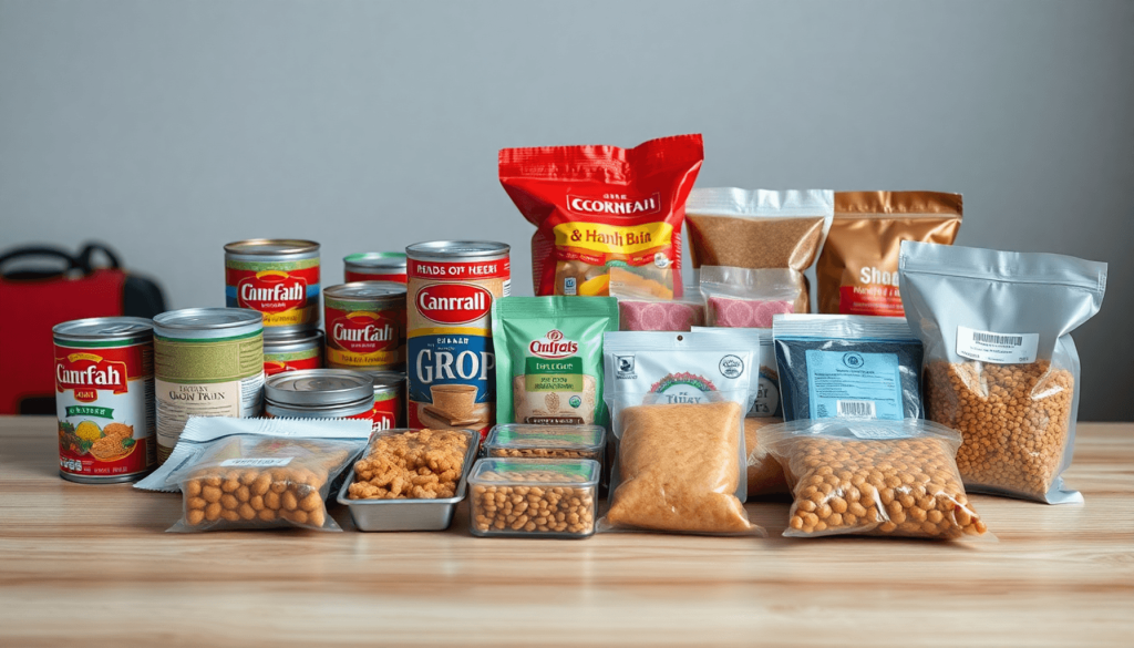 Makanan perjalanan non-perishable yang beragam seperti makanan kaleng, camilan kering, dan makanan kemasan yang tertata rapi di atas meja kayu dengan latar belakang bertema perjalanan.