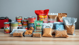 Makanan perjalanan non-perishable yang beragam seperti makanan kaleng, camilan kering, dan makanan kemasan yang tertata rapi di atas meja kayu dengan latar belakang bertema perjalanan.