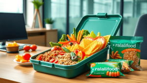 Meja kantor modern dengan kotak makan siang sehat berwarna-warni dan makanan kemasan yang diberi label "Ralalifood," menampilkan kenyamanan dan nutrisi untuk para profesional yang sibuk.