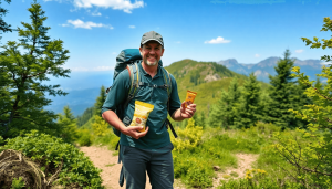 Pemandu backpacker di jalur gunung dengan perlengkapan hiking, memegang batangan energi dan buah kering, dikelilingi oleh pepohonan rimbun dan puncak-puncak jauh di bawah langit yang cerah.
