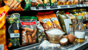 Gambar dekat makanan kemasan dengan label pengawet di rak, bersama dengan bahan-bahan alami seperti garam, gula, dan cuka.